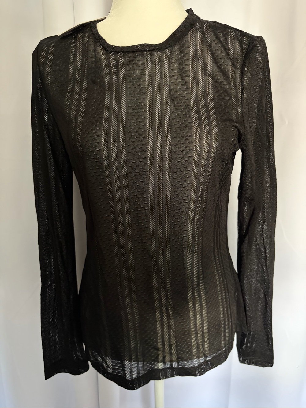 Black Sheer Long-Sleeve Striped Mesh Top